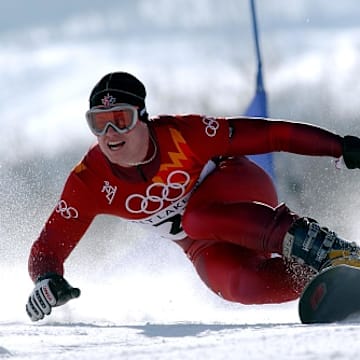 Ryan Wedding snowboards at the 2002 Winter Olympics in Salt Lake City.