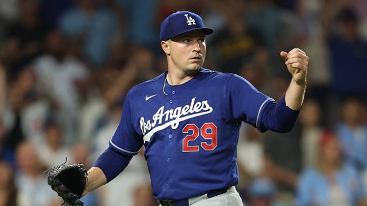 CHICAGO, ILLINOIS - AUGUST 04: Tarik Skubal #29 of the Los Angeles Dodgers celebrates a out a home plate by Tommy Edman #25 (not pictured) during the sixth inning against the Chicago Cubs at Wrigley Field on August 04, 2026 in Chicago, Illinois.