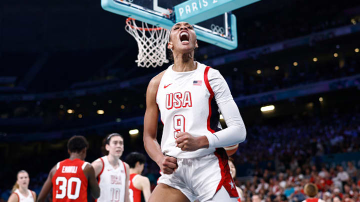 Team USA star A'ja Wilson celebrates after scoring vs. Team Japan at the 2024 Olympics in Paris. 