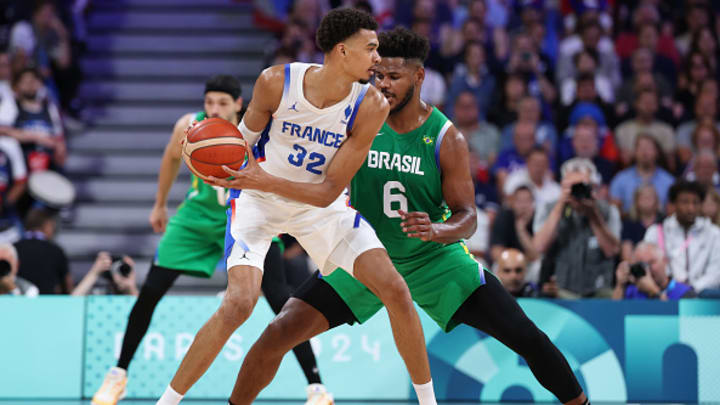 Victor Wembanyama in his Olympic debut for France against Brazil. 