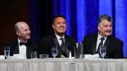 Gary Cohen, Ron Darling, and Keith Hernandez react during the 2023 BBWAA Awards Dinner at New York Hilton Midtown