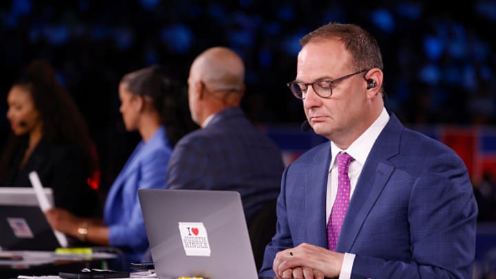 Adrian Wojnarowski looks on during the 2024 NBA Draft - Round One on June 26, 2024 at Barclays Center in Brooklyn, New York. Adrian Wojnarowski looks on during the 2024 NBA Draft - Round One on June 26, 2024 at Barclays Center in Brooklyn, New York.