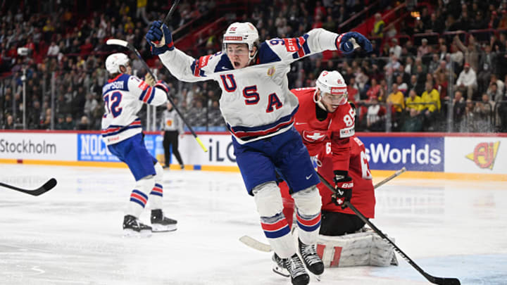USA forward Logan Cooley celebrates the game-winning goal from Tage Thompson in the 2025 IIHF Men's World Championship gold medal game. USA forward Logan Cooley celebrates the game-winning goal from Tage Thompson in the 2025 IIHF Men's World Championship gold medal game.