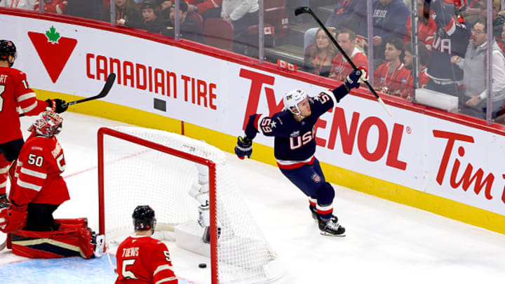 Team USA forward Jake Guentzel celebrates a goal in the 4 Nations Face-Off against Canada. 