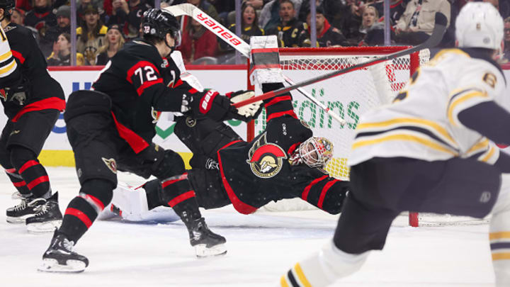 Linus Ullmark makes an incredible diving save against the Boston Bruins.