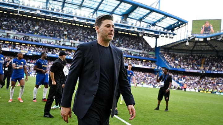 Mauricio Pochettino, Manager of Chelsea, looks on at full-time following the team's victory in the Premier League match between Chelsea FC and AFC Bournemouth at Stamford Bridge on May 19, 2024 in London, England. 