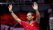 Rafael Nadal of Team Spain waves to the crowd after his loss at the Davis Cup.