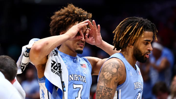Seth Trimble #7 of the North Carolina Tar Heels reacts to a play against the San Diego State Aztecs during the First Four round of the 2025 NCAA Men's Basketball Tournament held at University of Dayton Arena on March 18, 2025 in Dayton, Ohio. Seth Trimble #7 of the North Carolina Tar Heels reacts to a play against the San Diego State Aztecs during the First Four round of the 2025 NCAA Men's Basketball Tournament held at University of Dayton Arena on March 18, 2025 in Dayton, Ohio.