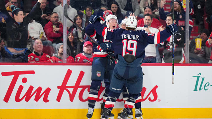 Team USA stars Brady Tkachuk and Matthew Tkachuk celebrate a goal against Finland at the 4-Nations Face-Off Team USA stars Brady Tkachuk and Matthew Tkachuk celebrate a goal against Finland at the 4-Nations Face-Off