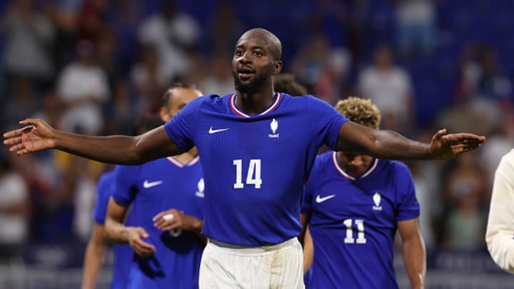 France's Jean-Philippe Mateta celebrates a go-ahead goal in extra time vs. Egypt during the 2024 Olympics in Paris. 