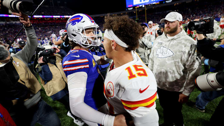 ORCHARD PARK, NEW YORK - NOVEMBER 17: Josh Allen #17 of the Buffalo Bills greets Patrick Mahomes #15 of the Kansas City Chiefs after defeating the Kansas City Chiefs 30-21 at Highmark Stadium on November 17, 2024 in Orchard Park, New York. 