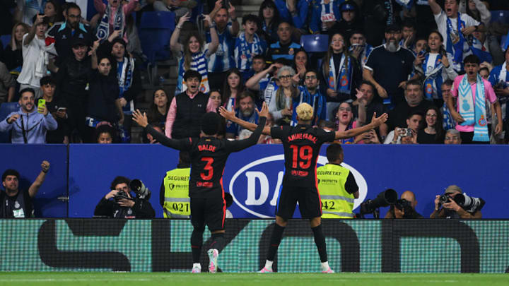 Lamine Yamal celebra un tanto ante el Espanyol.