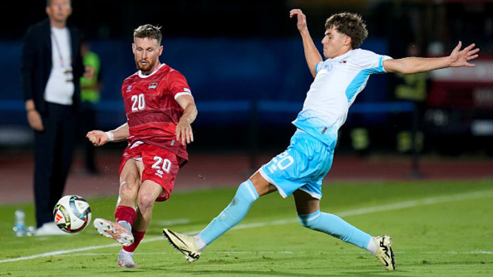 San Marino, San Marino - September 5: Sandro Wolfinger of Liechtenstein and Nicko Sensoli of San Marino compete for the ball during the UEFA Nations League 2024/2025 League D - Group 1 match between San Marino and Liechtenstein at San Marino Stadium on September 5, 2024 in San Marino, San Marino.