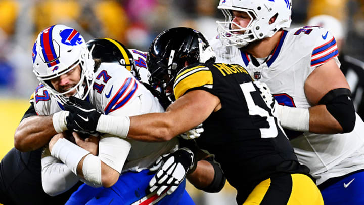 Cam Heyward and Alex Highsmith tackles Josh Allen during the Steelers loss to the Bills. 