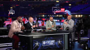 Shaquille O'Neal, Ernie Johnson, Kenny Smith and Charles Barkley on set of 'Inside the NBA' on TNT. 