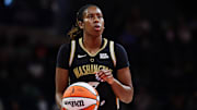 Ariel Atkins of the Washington Mystics attempts a free throw. 