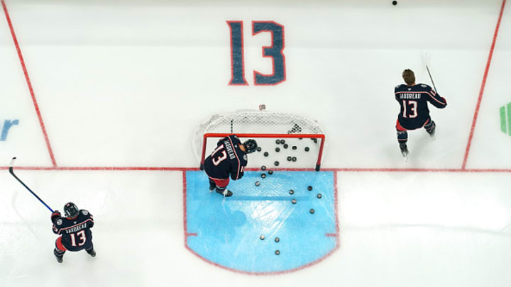 Columbus Blue Jackets skate in Johnny Gaudreau warmup jerseys ahead of the team's home opener vs. the Florida Panthers. 
