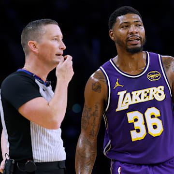 Smart (#36) committed a line violation while inbounding the ball with 1.2 seconds left in the Lakers' 118-116 win over the Spurs on Nov. 5. 