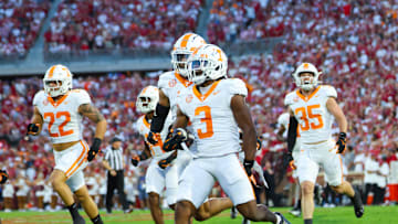 Sep 21, 2024; Norman, Oklahoma, USA;  Tennessee Volunteers defensive back Jermod McCoy (3) reacts after making an interception during the first quarter against the Oklahoma Sooners at Gaylord Family-Oklahoma Memorial Stadium. Mandatory Credit: Kevin Jairaj-Imagn Images