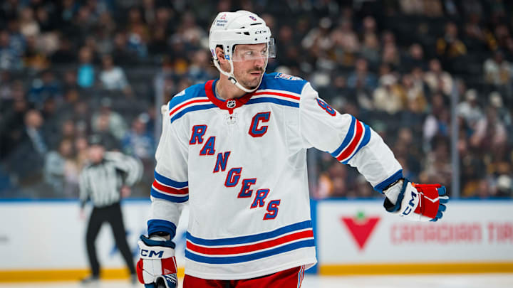 Oct 28, 2025; Vancouver, British Columbia, CAN; New York Rangers forward J.T. Miller (8) during a stop in play against the Vancouver Canucks in the third period at Rogers Arena. Mandatory Credit: Bob Frid-Imagn Images