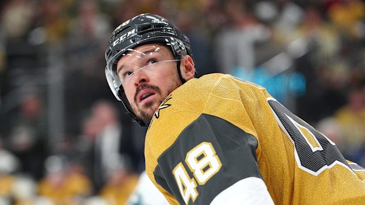 Apr 15, 2026; Las Vegas, Nevada, USA; Vegas Golden Knights center Tomas Hertl (48) awaits a face off against the Seattle Kraken during the first period at T-Mobile Arena. Mandatory Credit: Stephen R. Sylvanie-Imagn Images