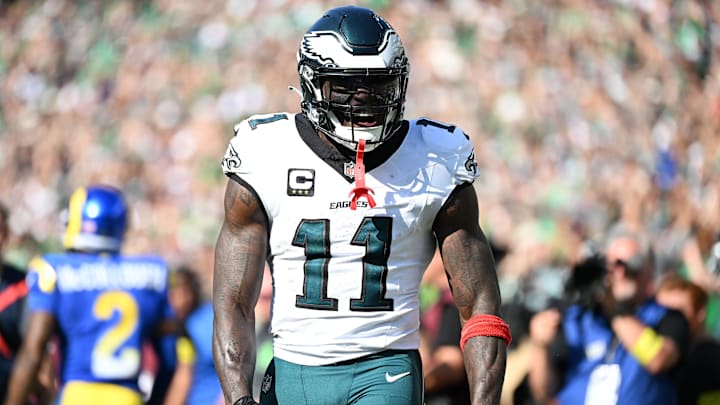 Sep 21, 2025; Philadelphia, Pennsylvania, USA; Philadelphia Eagles wide receiver AJ. Brown (11) reacts against the Los Angeles Rams during the second half at Lincoln Financial Field. Mandatory Credit: Eric Hartline-Imagn Images Sep 21, 2025; Philadelphia, Pennsylvania, USA; Philadelphia Eagles wide receiver AJ. Brown (11) reacts against the Los Angeles Rams during the second half at Lincoln Financial Field. Mandatory Credit: Eric Hartline-Imagn Images