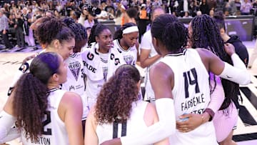 Golden State Valkyries players huddle after the game against the Connecticut Sun.