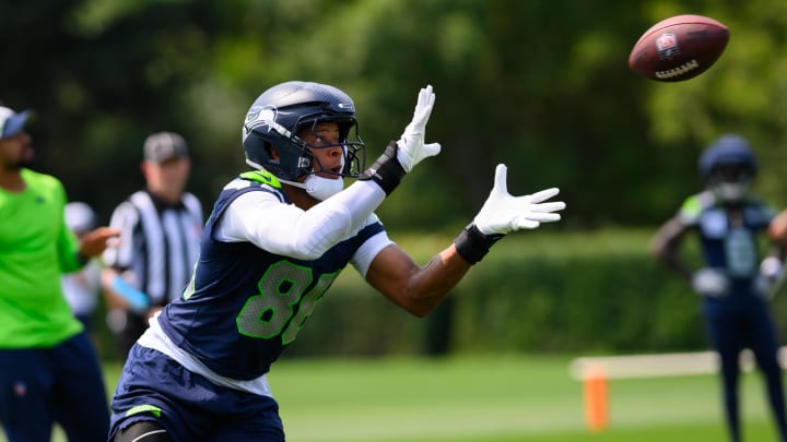 Jul 27, 2024; Renton, WA, USA; Seattle Seahawks tight end Pharaoh Brown (86) catches a pass during training camp at Virginia Mason Athletic Center.