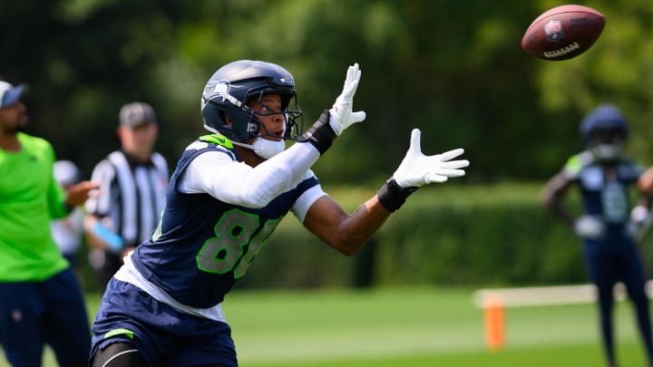 Jul 27, 2024; Renton, WA, USA; Seattle Seahawks tight end Pharaoh Brown (86) catches a pass during training camp at Virginia Mason Athletic Center. Mandatory Credit: Steven Bisig-USA TODAY Sports