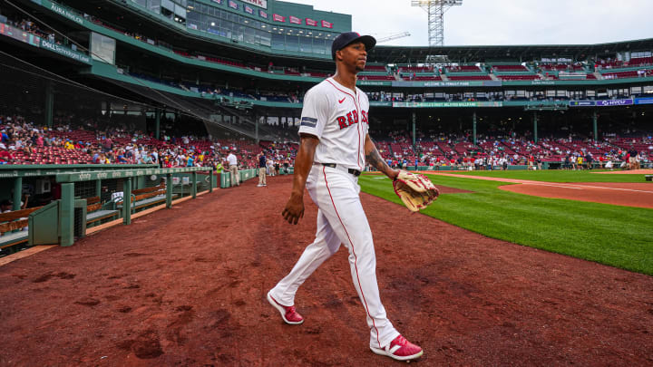 Jul 9, 2024; Boston, Massachusetts, USA; Boston Red Sox starting pitcher Brayan Bello (66) makes his way to the bullpen before the start of the game against the Oakland Athletics at Fenway Park.