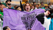 Fan with a WNBA Golden State Valkyries flag.