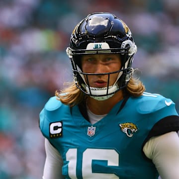 Sep 8, 2024; Miami Gardens, Florida, USA; Jacksonville Jaguars quarterback Trevor Lawrence (16) looks on against the Miami Dolphins during the first quarter at Hard Rock Stadium. Mandatory Credit: Sam Navarro-Imagn Images