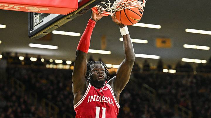 Jan 11, 2025; Iowa City, Iowa, USA; Indiana Hoosiers center Oumar Ballo (11)  dunks against the Iowa Hawkeyes during the first half at Carver-Hawkeye Arena. Mandatory Credit: Jeffrey Becker-Imagn Images