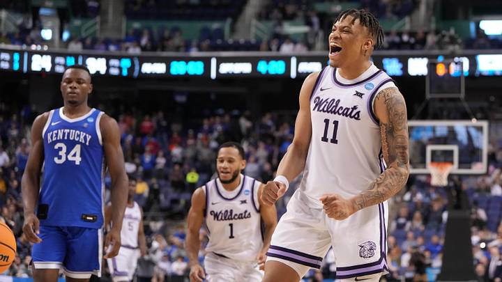 Mar 19, 2023; Greensboro, NC, USA;  Kansas State Wildcats forward Keyontae Johnson (11) celebrates a call that goes the Wildca's way.