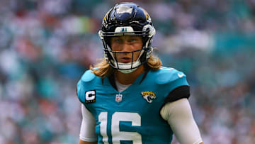 Sep 8, 2024; Miami Gardens, Florida, USA; Jacksonville Jaguars quarterback Trevor Lawrence (16) looks on against the Miami Dolphins during the first quarter at Hard Rock Stadium. Mandatory Credit: Sam Navarro-Imagn Images