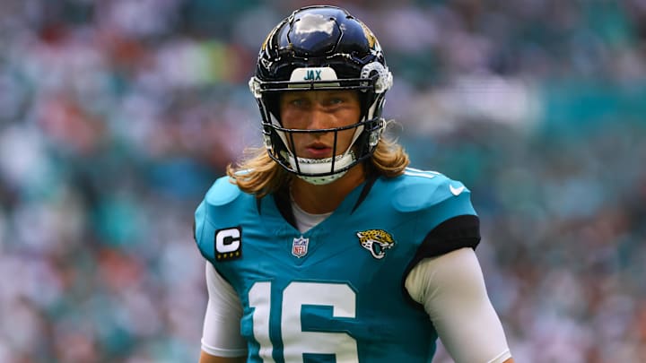 Sep 8, 2024; Miami Gardens, Florida, USA; Jacksonville Jaguars quarterback Trevor Lawrence (16) looks on against the Miami Dolphins during the first quarter at Hard Rock Stadium. Mandatory Credit: Sam Navarro-Imagn Images