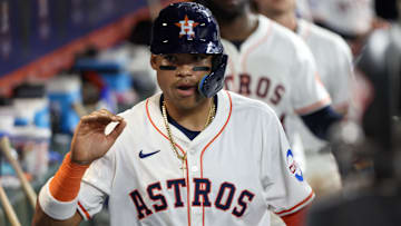 Apr 20, 2025; Houston, Texas, USA; Houston Astros right fielder Cam Smith (11) celebrates his run against the San Diego Padres in the fifth inning at Daikin Park.