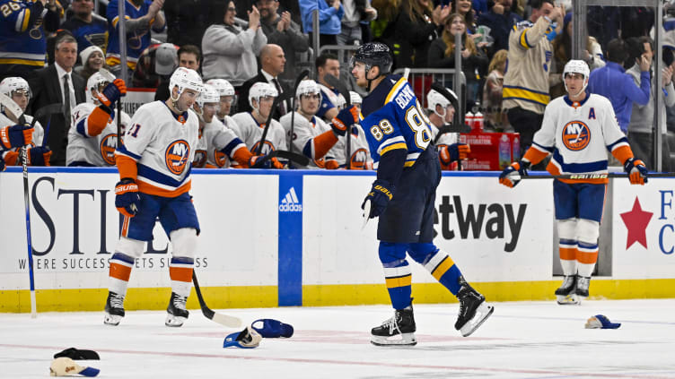 Feb 22, 2024; St. Louis, Missouri, USA;  St. Louis Blues left wing Pavel Buchnevich (89) skates to