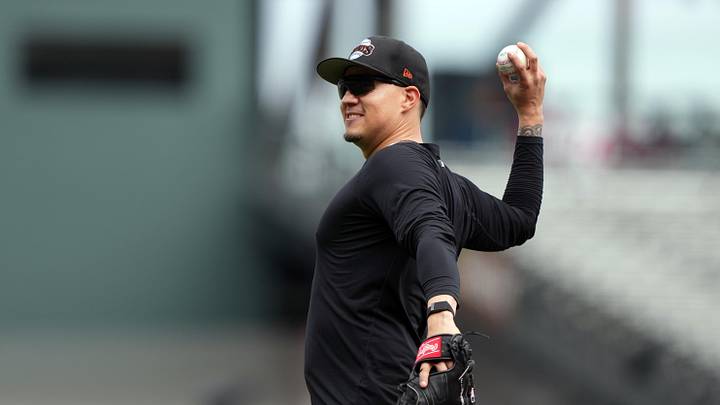 Aug 16, 2025; San Francisco, California, USA; San Francisco Giants first baseman Wilmer Flores (41) warms up before the game against the Tampa Bay Rays at Oracle Park. Mandatory Credit: Darren Yamashita-Imagn Images