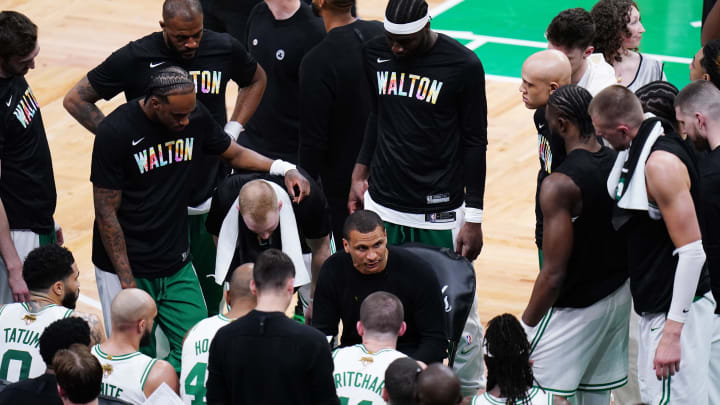 Jun 6, 2024; Boston, Massachusetts, USA; Boston Celtics head coach Joe Mazzulla talks during a timeout in the fourth quarter against the Dallas Mavericks during game one of the 2024 NBA Finals at TD Garden. Mandatory Credit: David Butler II-USA TODAY Sports