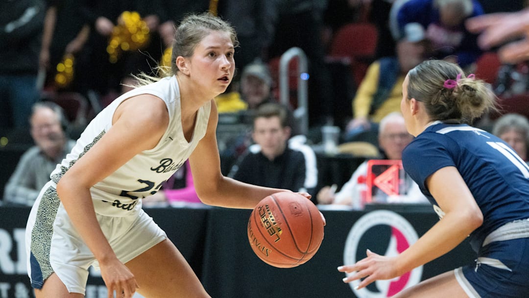 Bishop Heelan's Melina Snoozy during the IGHSAU state basketball tournament at Wells Fargo Arena on Tuesday, March 4, 2025, in Des Moines.
