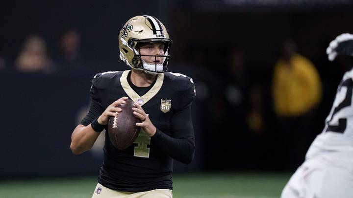 Aug 15, 2026; New Orleans, Louisiana, USA;  New Orleans Saints quarterback Zach Wilson (4) looks to throw against the Jacksonville Jaguars during the second quarter at Caesars Superdome. Mandatory Credit: Matthew Hinton-Imagn Images