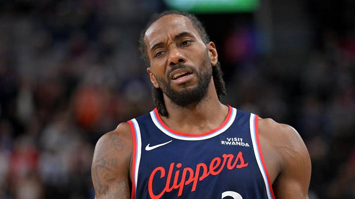 Apr 8, 2026; Inglewood, California, USA;  Los Angeles Clippers forward Kawhi Leonard (2) reacts after a missed basket in the second half against the Oklahoma City Thunder at Intuit Dome. Mandatory Credit: Jayne Kamin-Oncea-Imagn Images