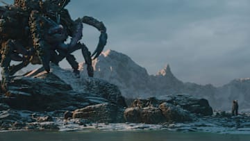 (L-R) Monster Trash Crab, WIm (Ravi Cabot-Conyers) and KB (Kyriana Kratter) in Lucasfilm’s STAR WARS: SKELETON CREW, exclusively on Disney+. Photo courtesy of Lucasfilm. ©2024 Lucasfilm Ltd. & TM. All Rights Reserved.