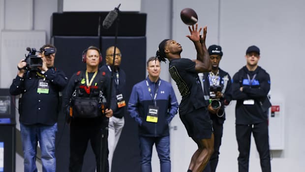 Apr 4, 2025; Boulder, CO, USA; Colorado Buffaloes wide receiver Travis Hunter (12) catches the ball at the University of Colo