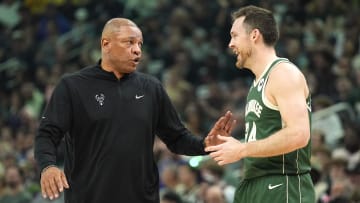 Apr 30, 2024; Milwaukee, Wisconsin, USA;  Milwaukee Bucks head coach Doc Rivers talks with guard Pat Connaughton (24) during the second quarter against the Indiana Pacers during game five of the first round for the 2024 NBA playoffs at Fiserv Forum.