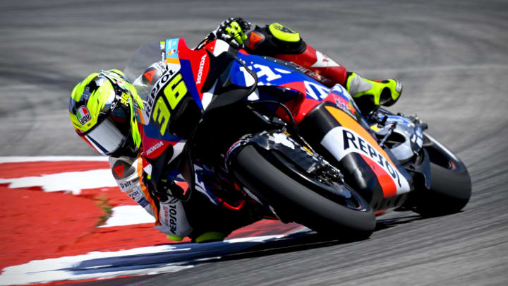 Apr 12, 2024; Austin, TX, USA; Joan Mir (36) of Spain and Repsol Honda Team during practice for the MotoGP Grand Prix of the Americas at Circuit of The Americas. Mandatory Credit: Jerome Miron-USA TODAY Sports