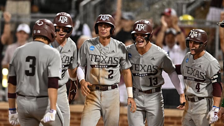 Jun 9, 2024; College Station, TX, USA; Texas A&M infielder Kaeden Kent (3) hits a grand slam in the top of the seventh inning against Oregon at Olsen Field, Blue Bell Park Mandatory Credit: Maria Lysaker-Imagn Images