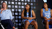 North Carolina head coach Courtney Banghart, junior guard Reniya Kelly and senior guard Indya Nivar 
