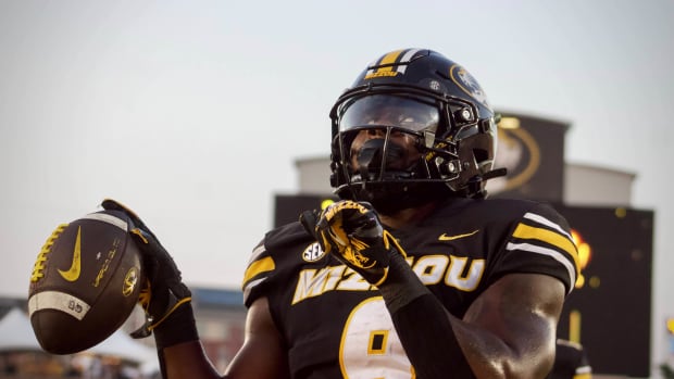 Aug. 29, 2024: RB Marcus Carroll dances in the end zone following his first touchdown as a Missouri Tiger.